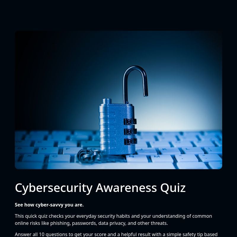Cybersecurity Awareness Quiz template preview - FormHug