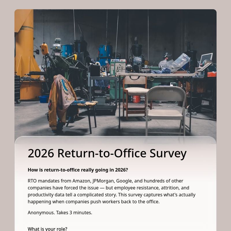 2026 Return-to-Office Survey template in FormHug — measuring employee resistance, hybrid acceptance, and commute burden for RTO policy decisions