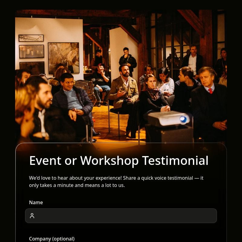 Event or Workshop Testimonial template preview - FormHug