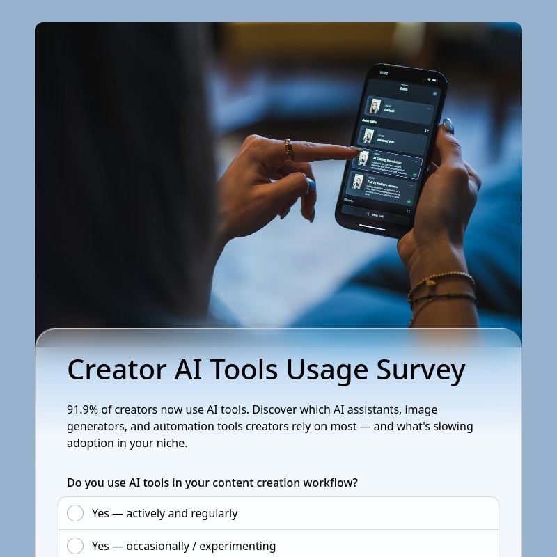 Creator AI Tools Usage Survey template in FormHug — tracking which AI tools creators use, for which tasks, and how much they trust AI-generated outputs