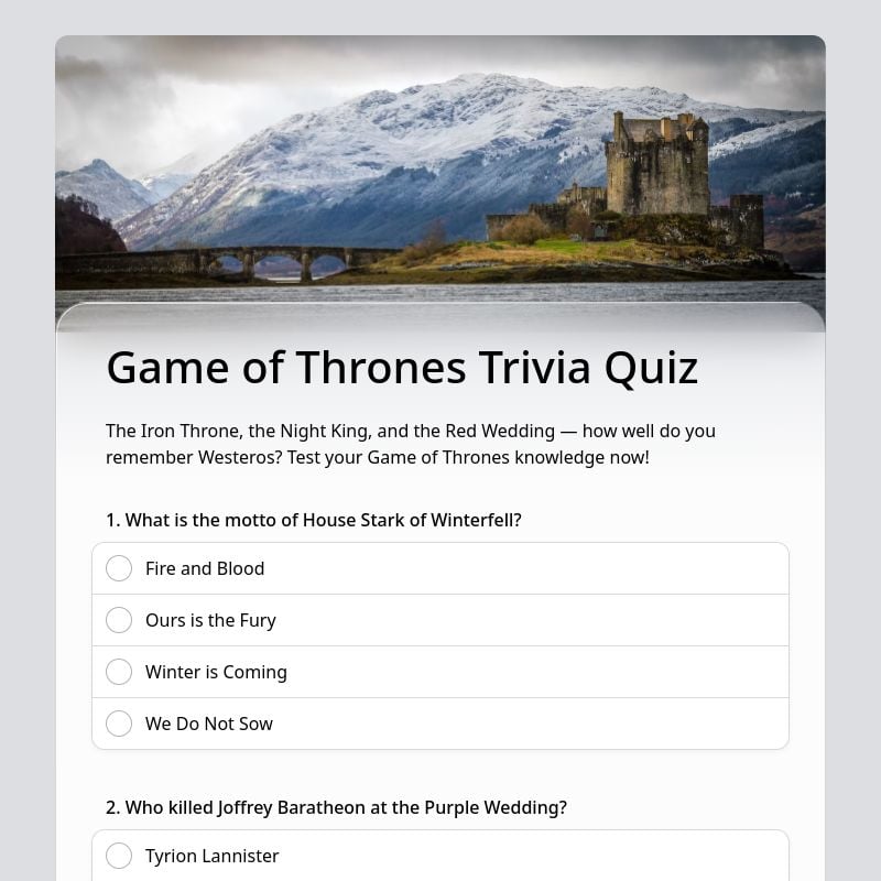 Game of Thrones Trivia Quiz template preview - FormHug