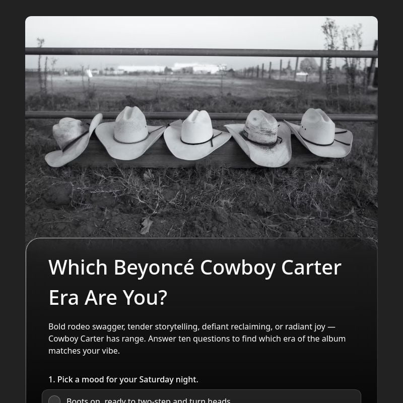Which Beyoncé Cowboy Carter Era Are You? template preview - FormHug