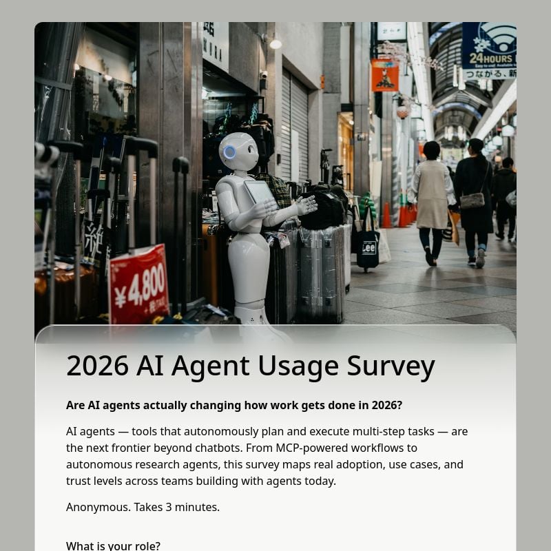 2026 AI Agent Usage Survey template in FormHug — tracking which AI agents teams have tried and how they delegate autonomous tasks