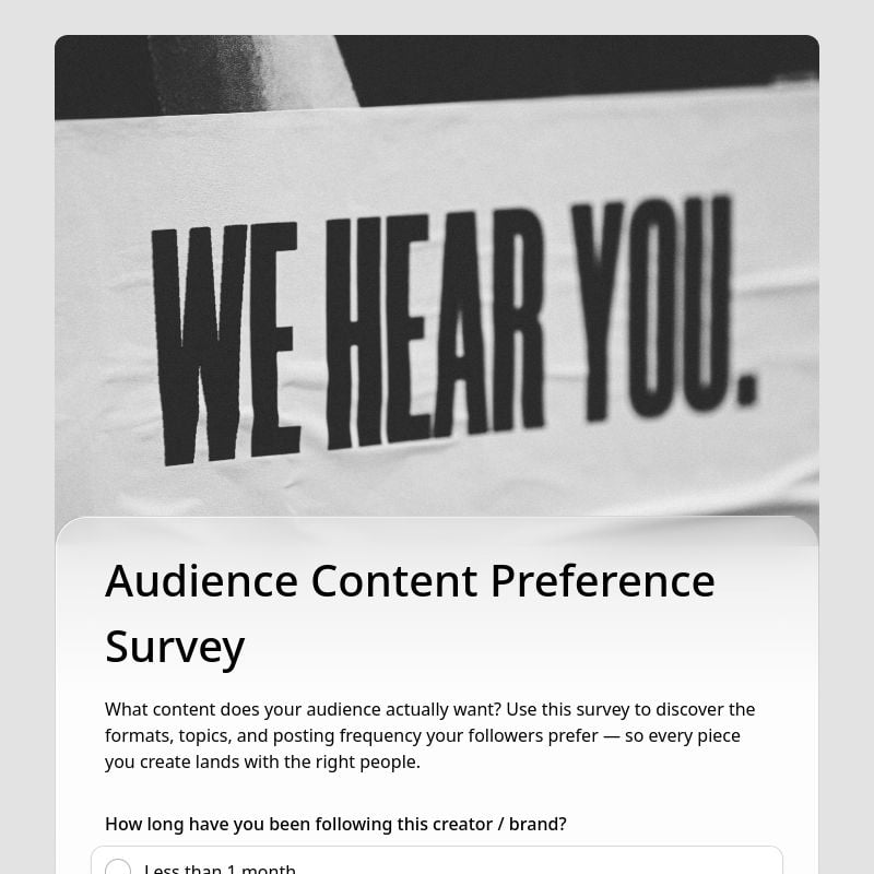 Audience Content Preference Survey template in FormHug — collecting topic preferences, content format votes, and publishing frequency input from newsletter subscribers and followers