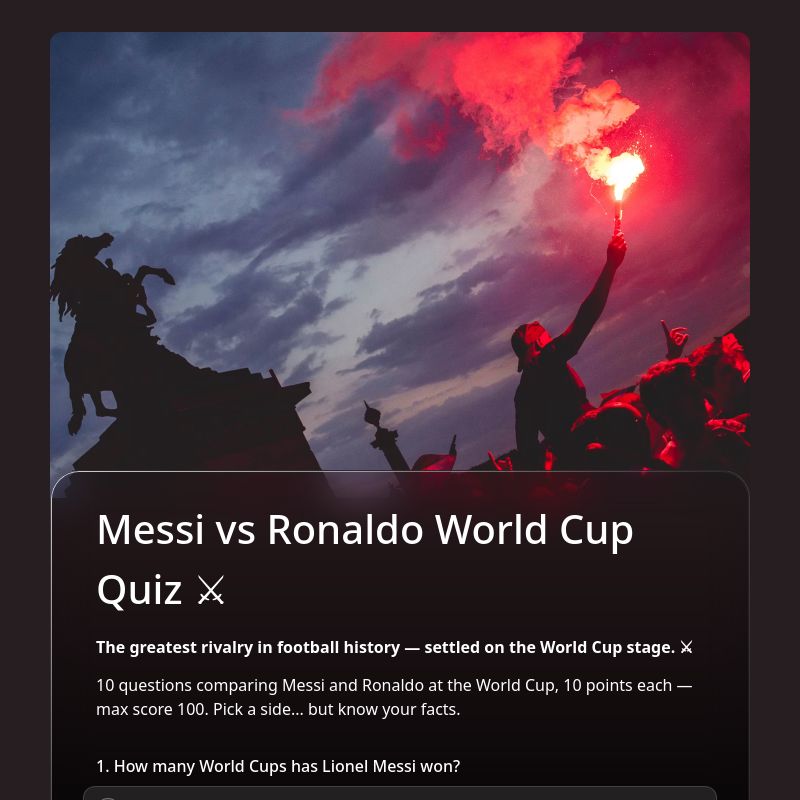 Messi vs Ronaldo World Cup Quiz ⚔️ template preview - FormHug