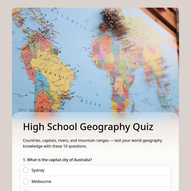 High School Geography Quiz template preview - FormHug