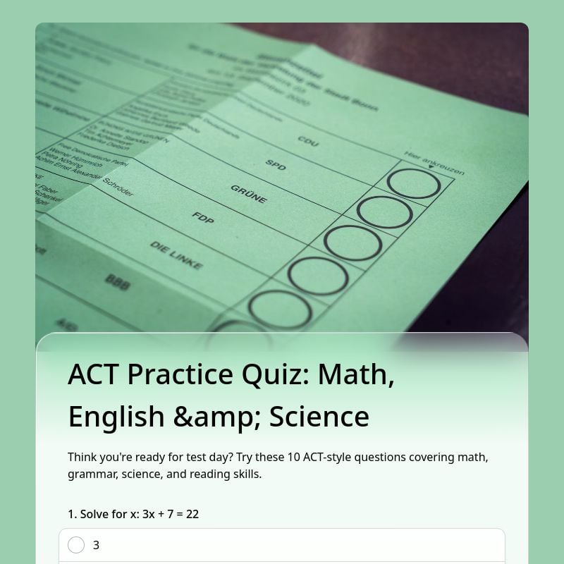 ACT Practice Quiz: Math, English &amp; Science template preview - FormHug