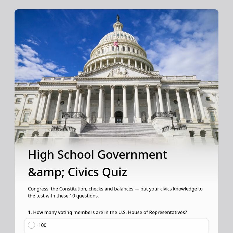 High School Government &amp; Civics Quiz template preview - FormHug