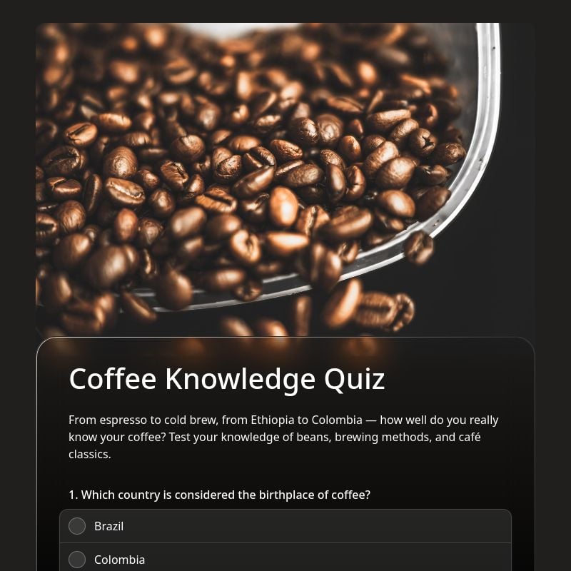 Coffee Knowledge Quiz template preview - FormHug