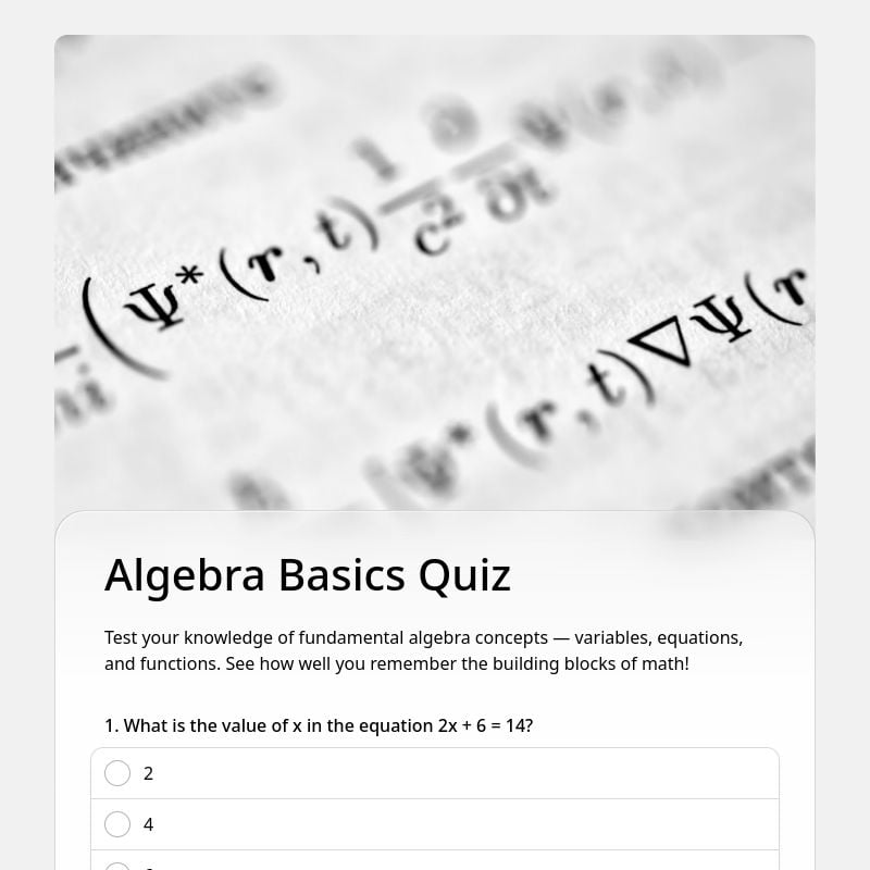Algebra Basics Quiz template preview - FormHug