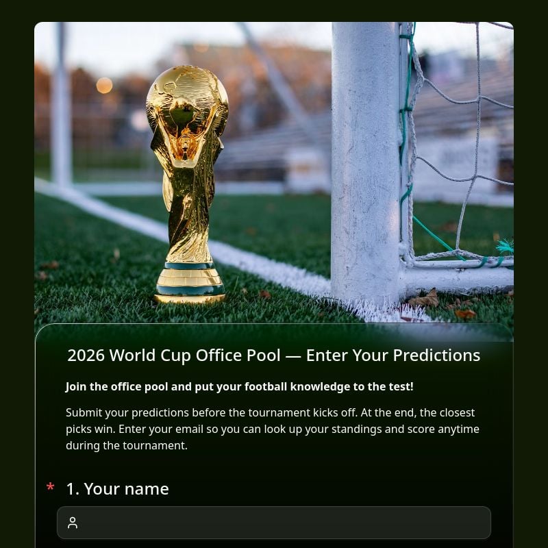 2026 World Cup Office Pool — Enter Your Predictions template preview - FormHug