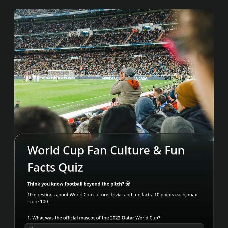 World Cup Fan Culture & Fun Facts Quiz template preview - FormHug