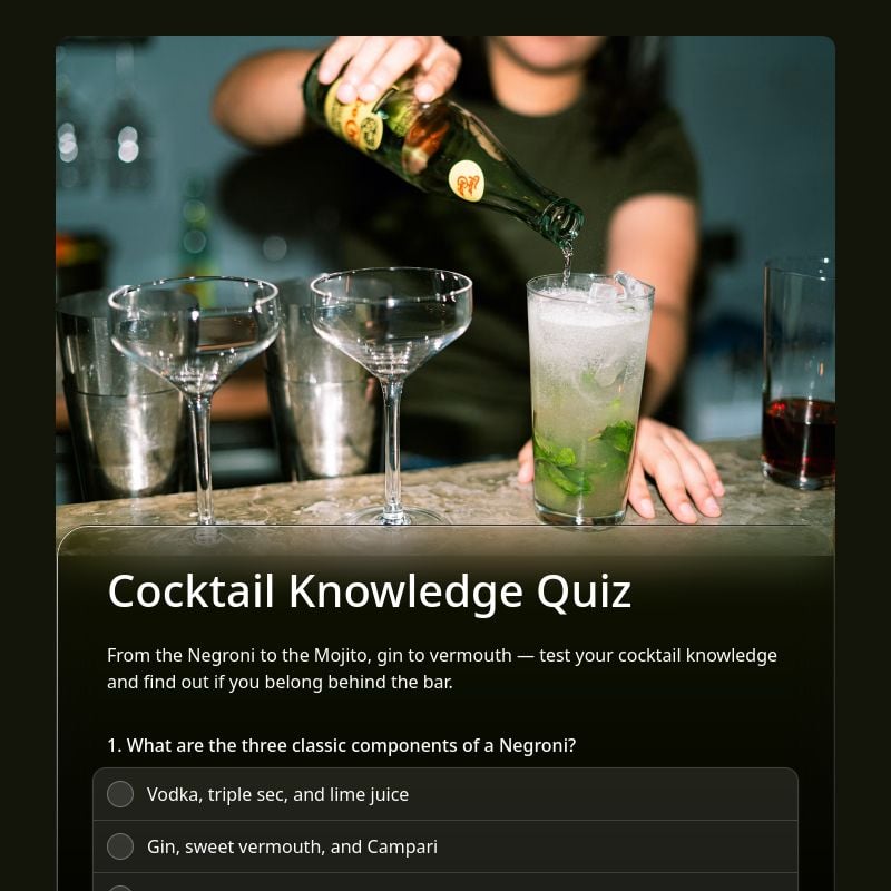 Cocktail Knowledge Quiz template preview - FormHug