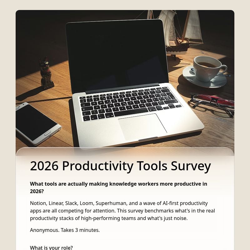 2026 Productivity Tools Survey template in FormHug — benchmarking Notion, Linear, Slack, and Loom adoption among knowledge workers and remote teams