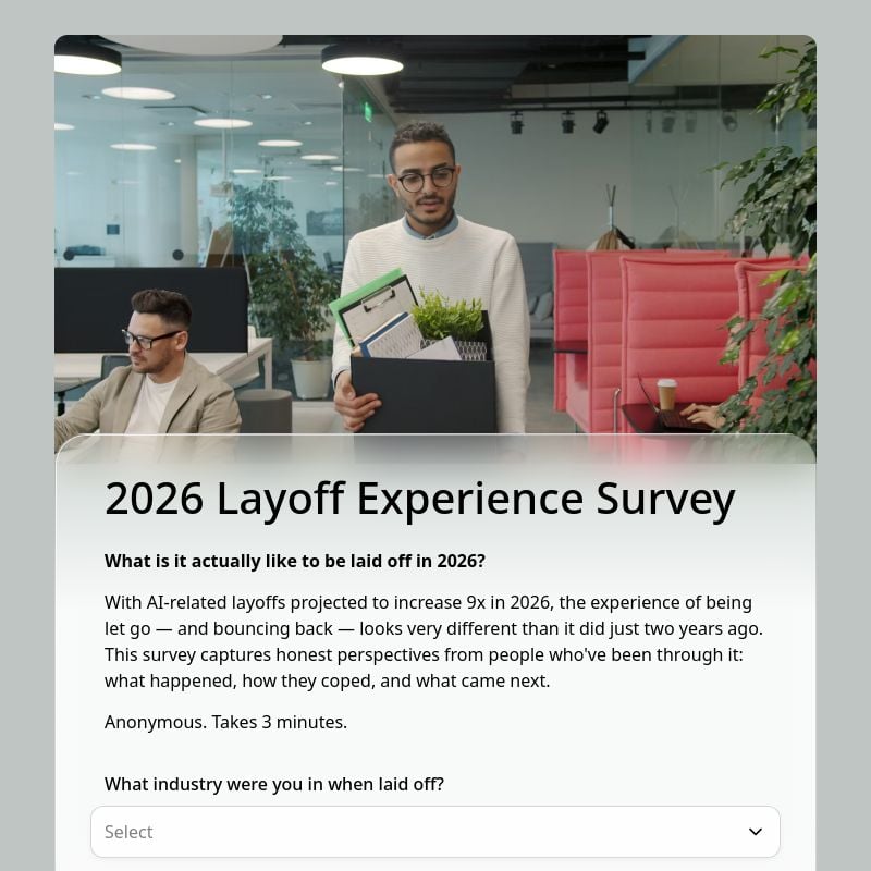 2026 Layoff Experience Survey in FormHug — capturing emotional impact, transition support needs, and confidence levels after restructuring events