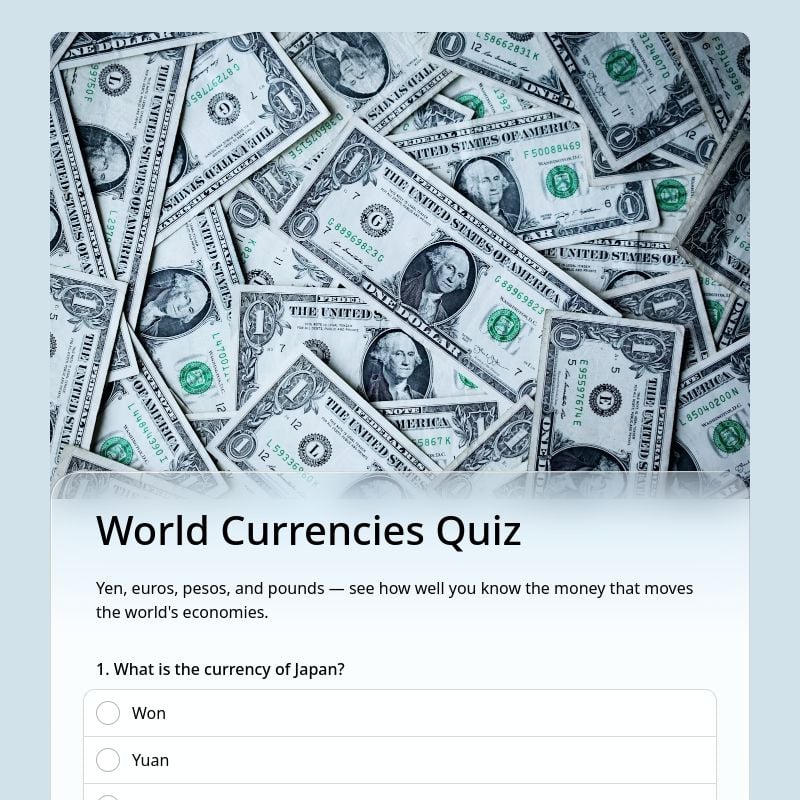 World Currencies Quiz template preview - FormHug
